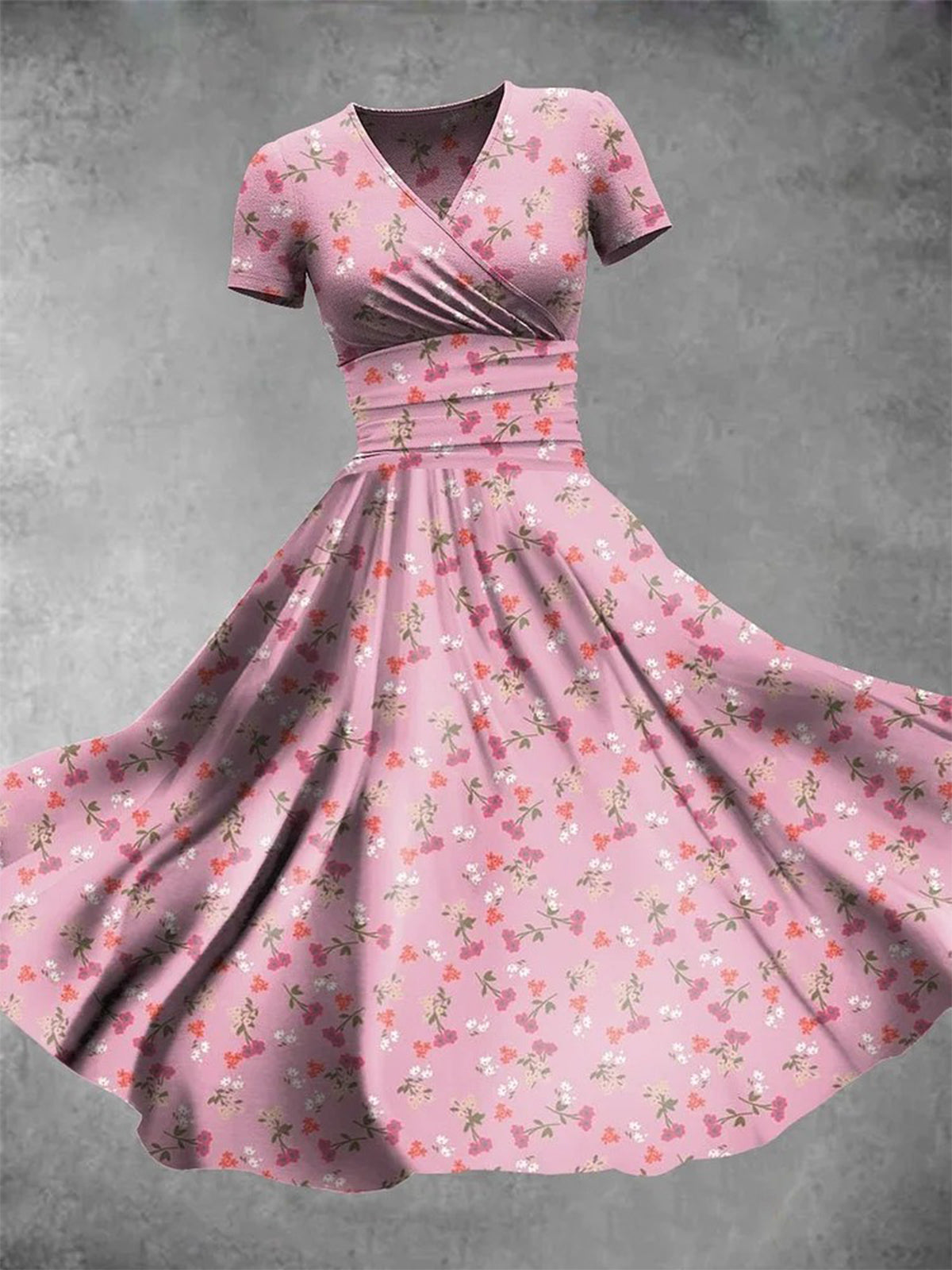 플라워 V넥 반팔 여성용 드레스