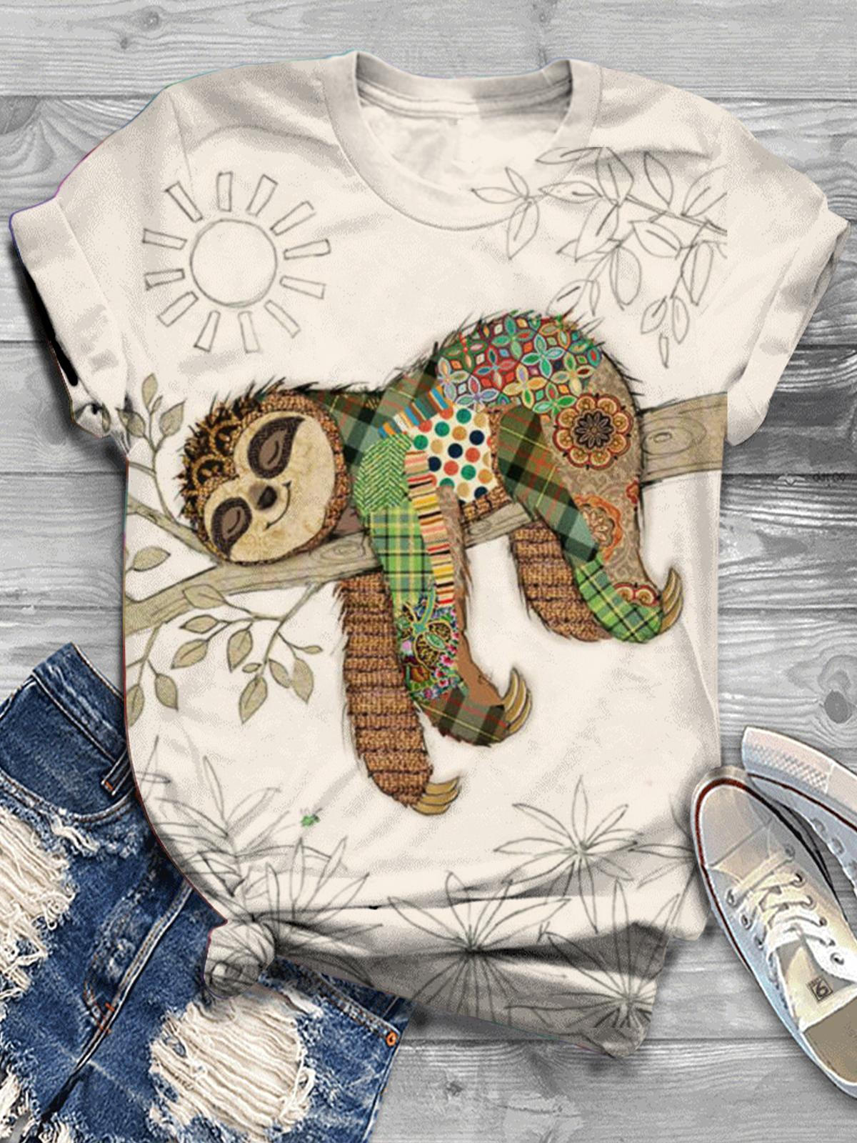 T-shirt ras du cou à imprimé paresseux rétro