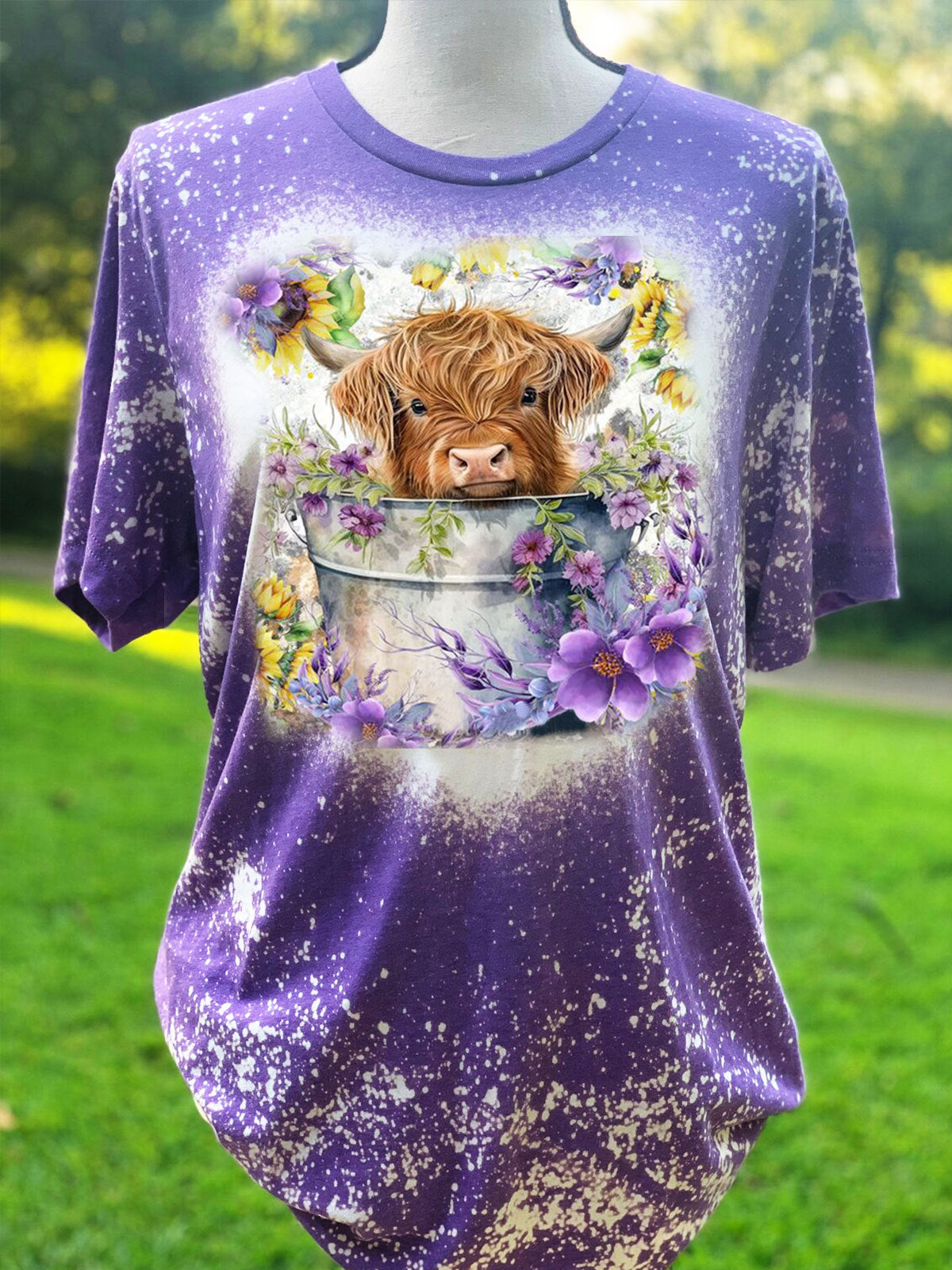 Spring Floral Highland Cow Print Crew Neck Top