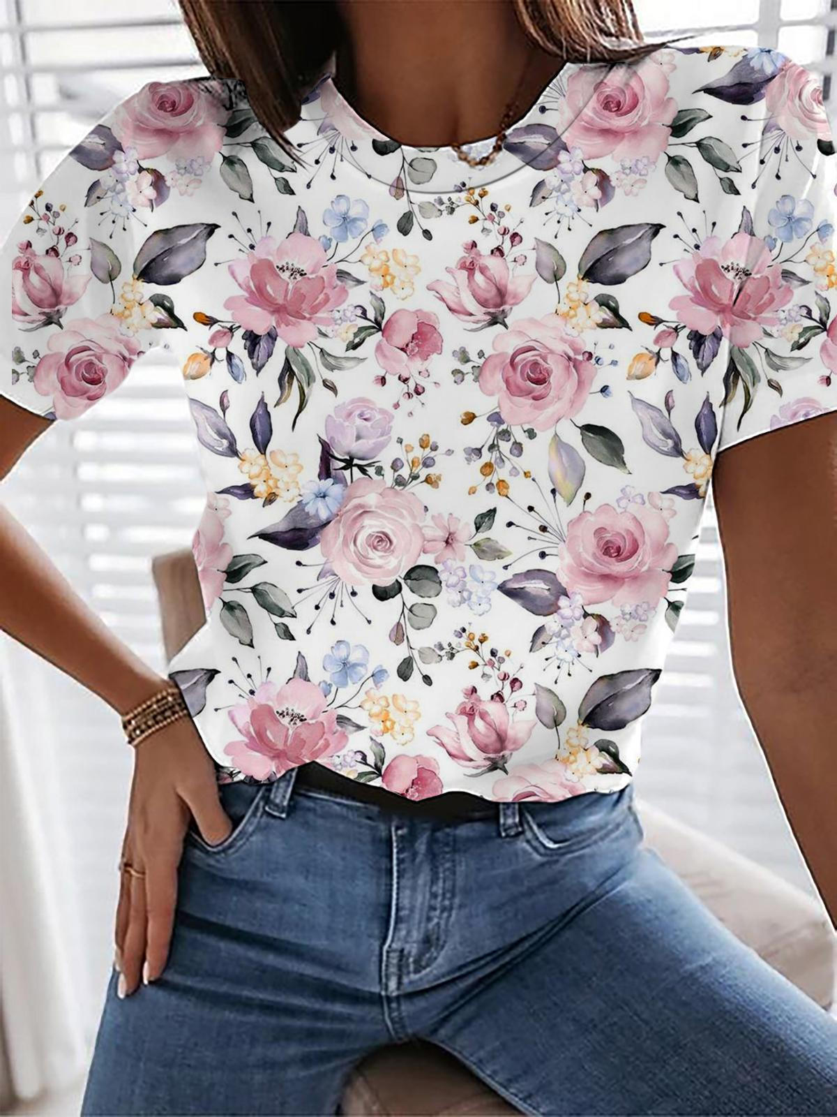 Aquarell Rosen Blumen Rundhals T-Shirt