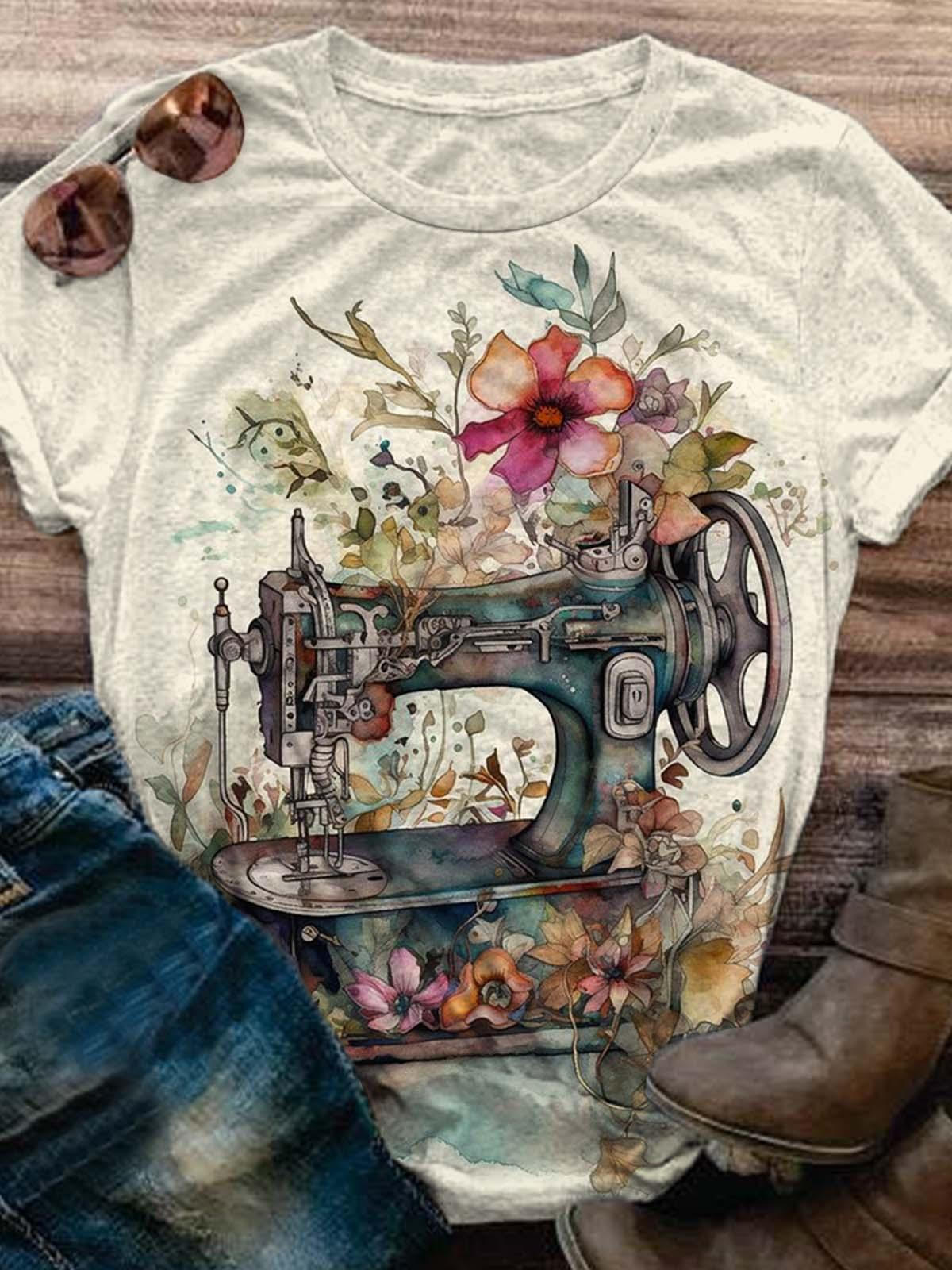 Haut rétro à imprimé floral pour femme, motif machine à coudre