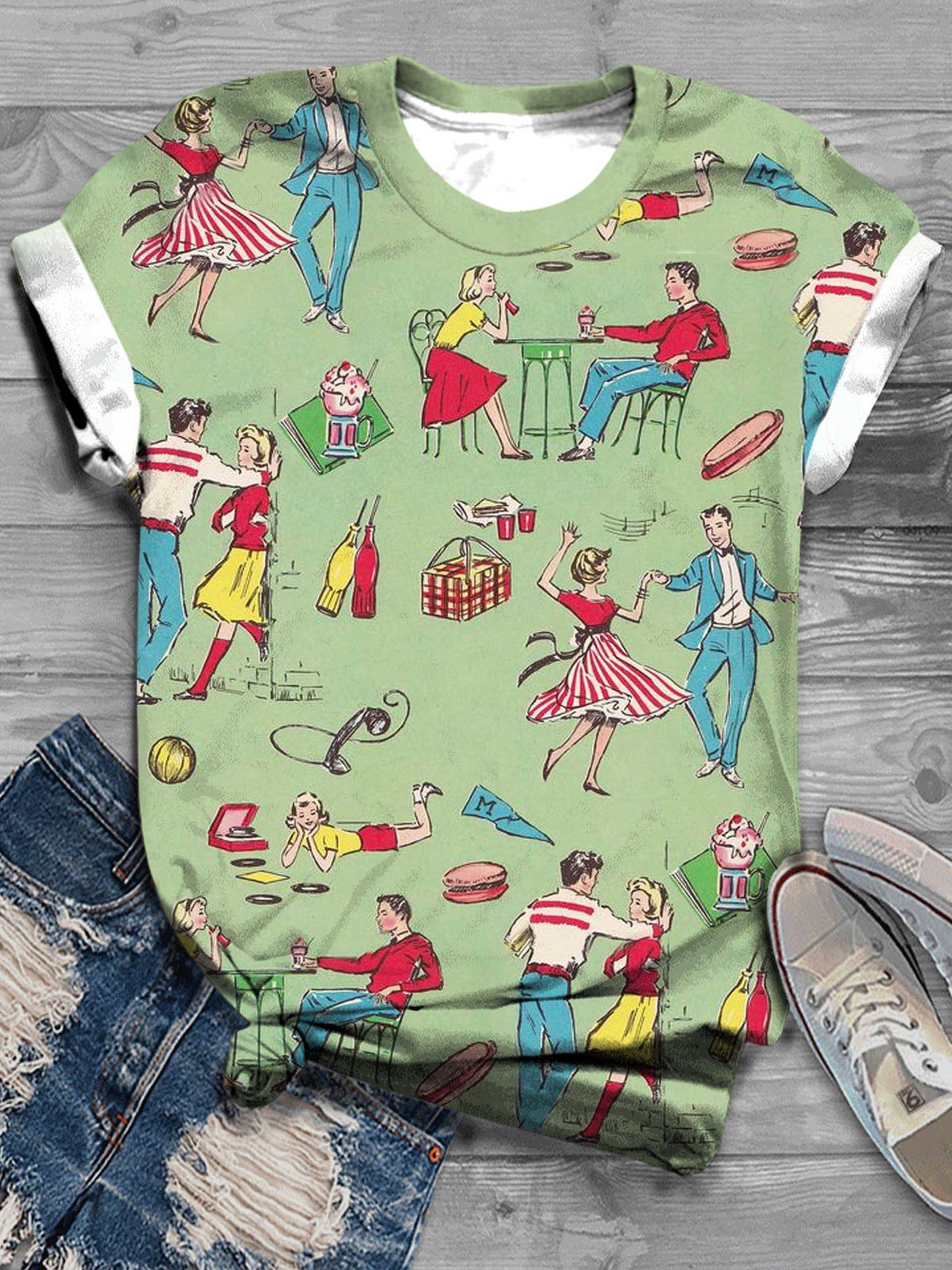 레트로 러버 프린트 라운드넥 티셔츠