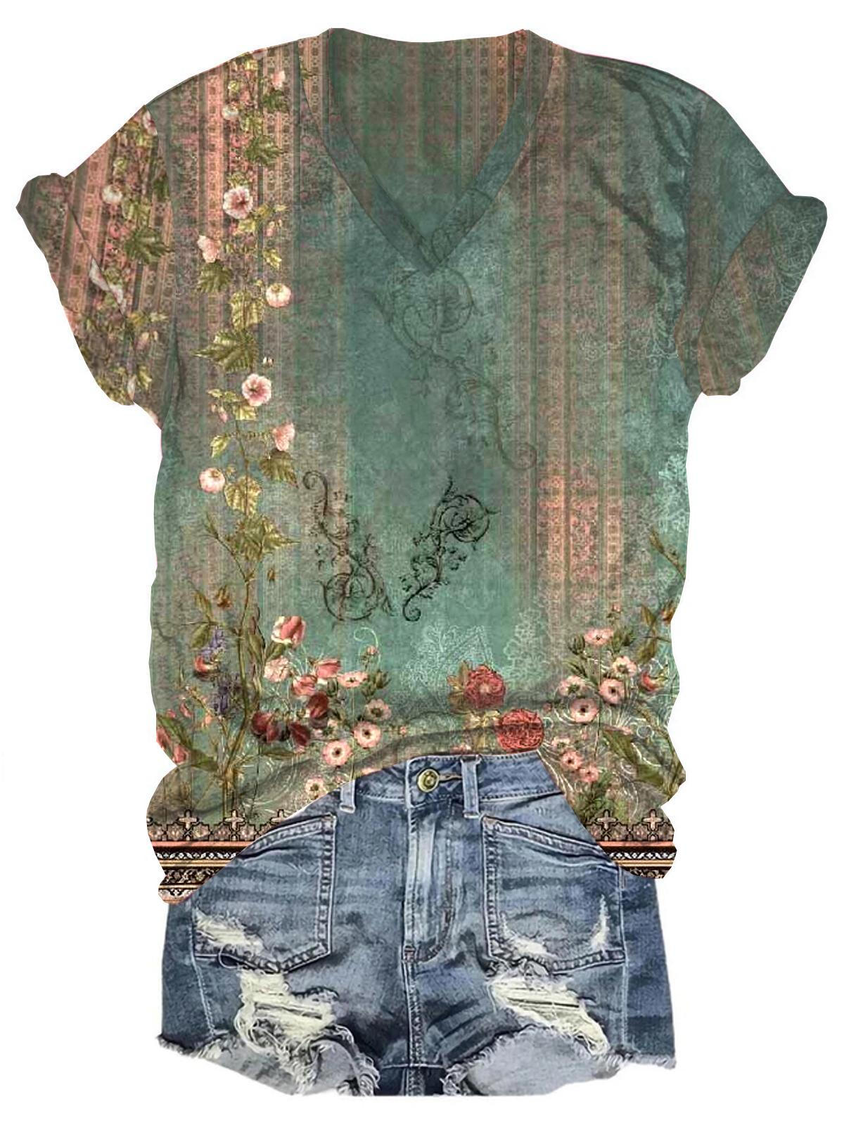 T-shirt col V à imprimé floral
