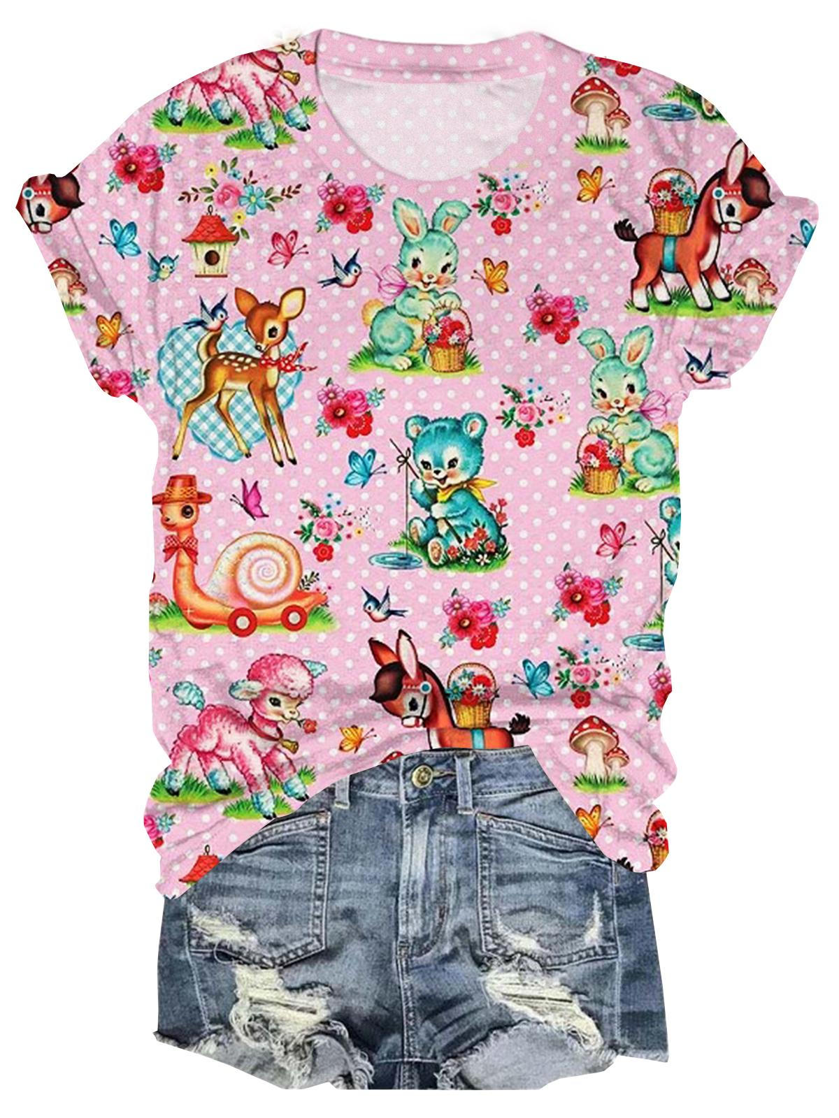 빈티지 애니멀스 폴카 도트 크루넥 티셔츠