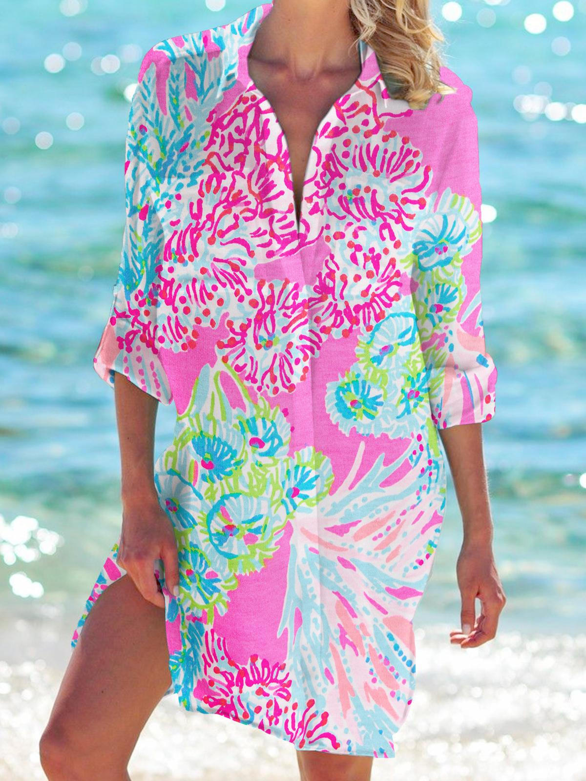 Langärmliges Strand-Hemdkleid für Damen mit Blumendruck
