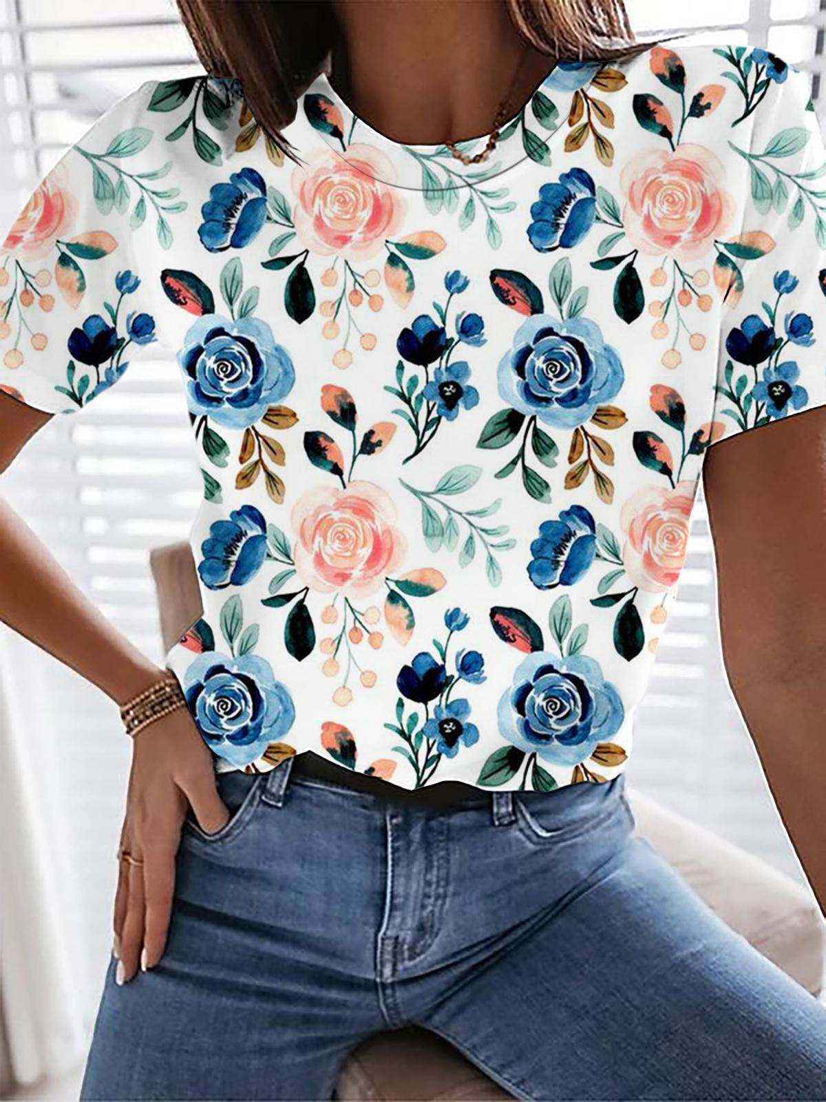 수채화 블루 플라워 크루넥 티셔츠