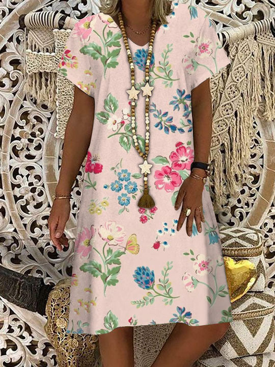 Women's Retro Floral V-Neck Short Sleeve Dress