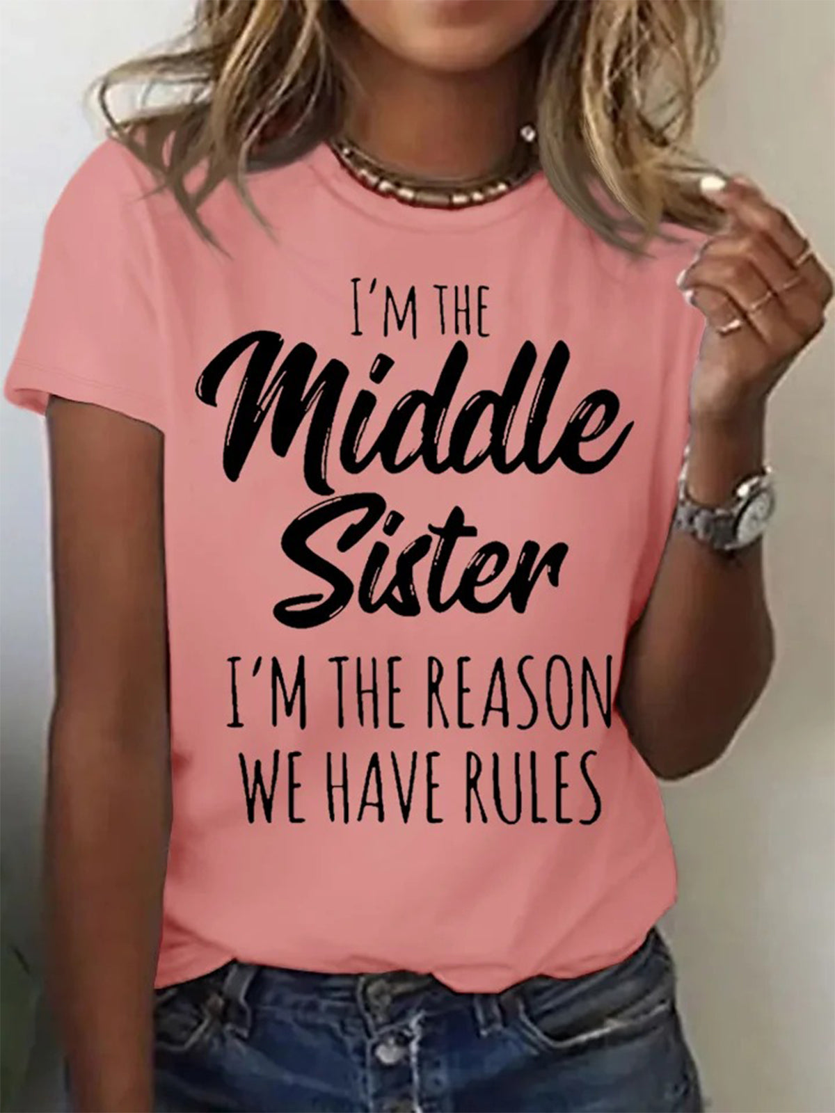 Funny Middle Sister Casual Letters Crew Neck T-shirt
