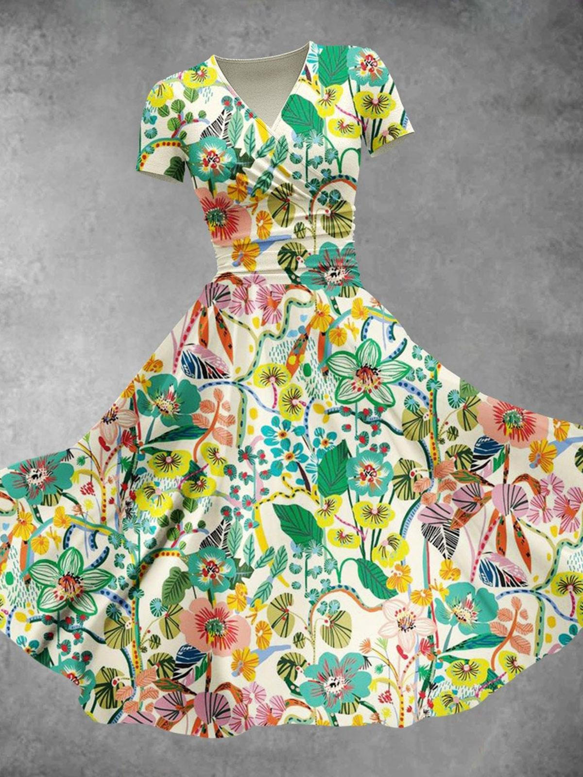 Flower Plant V Neck Short Sleeve Women's Dress