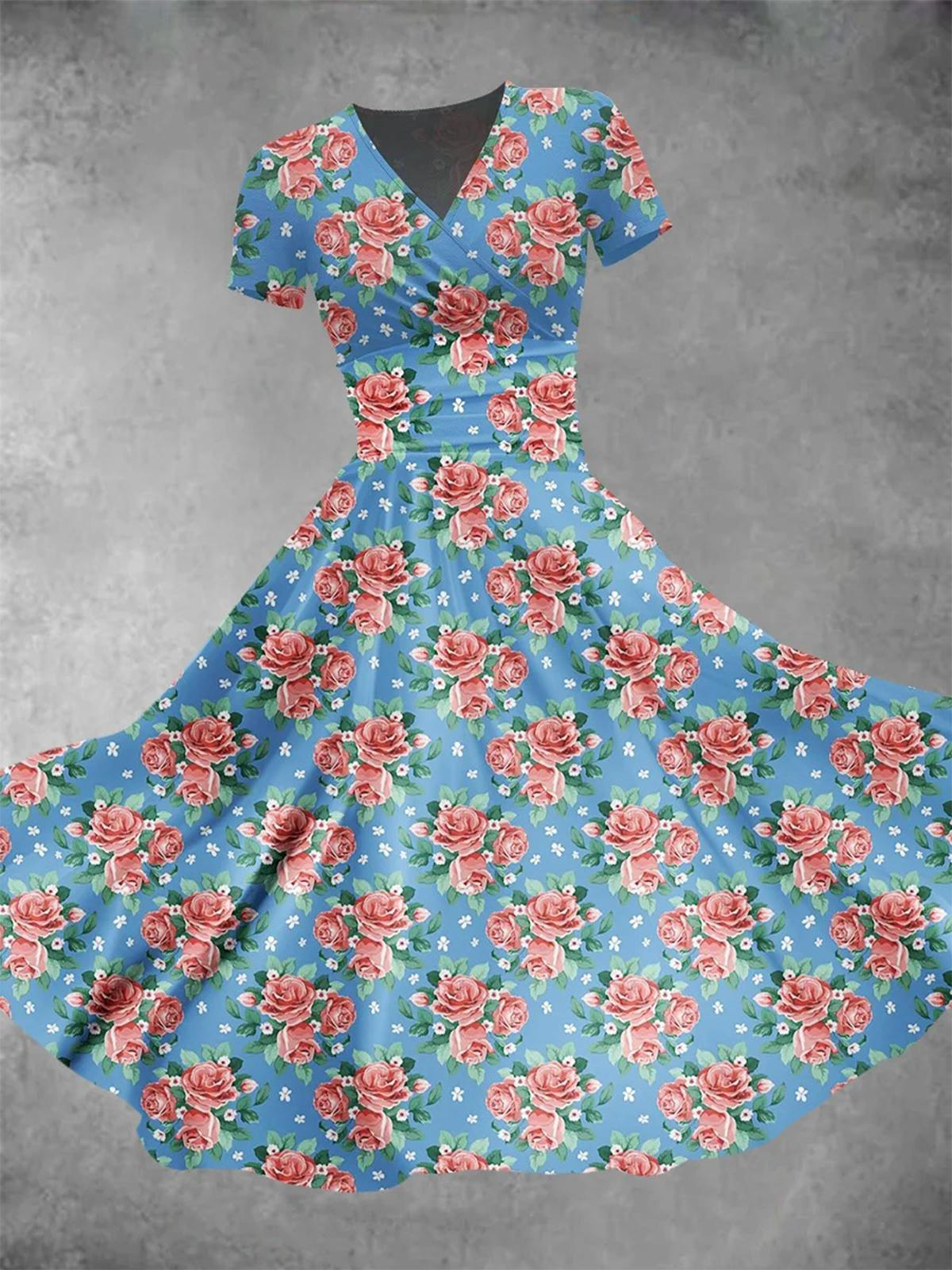 Flower V Neck Short Sleeve Women's Dress