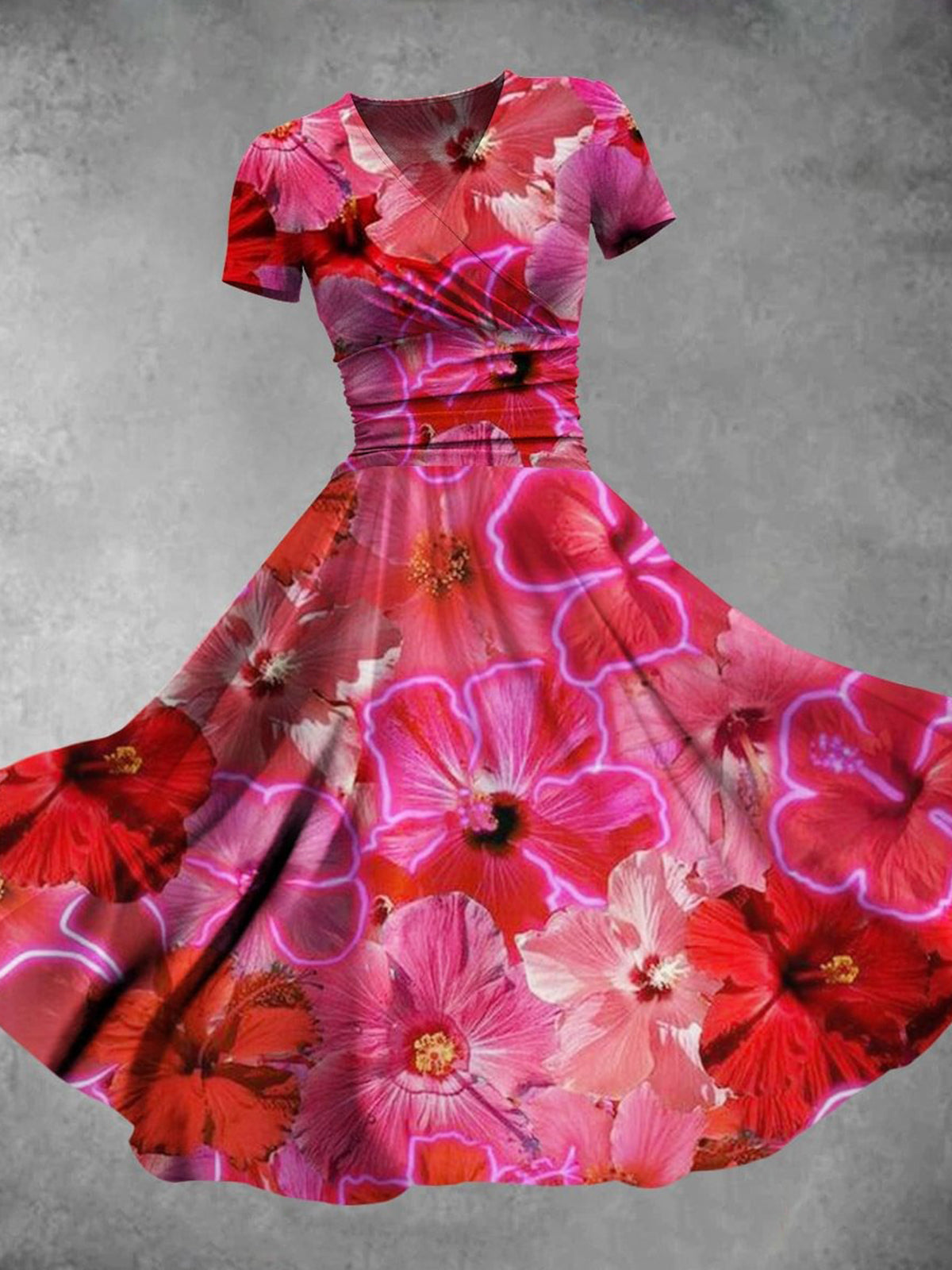 Blumen V-Ausschnitt Kurzarm Damenkleid