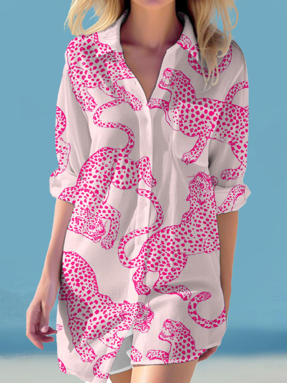 Rosa, langärmliges Strand-Hemdkleid mit Tiger-Print