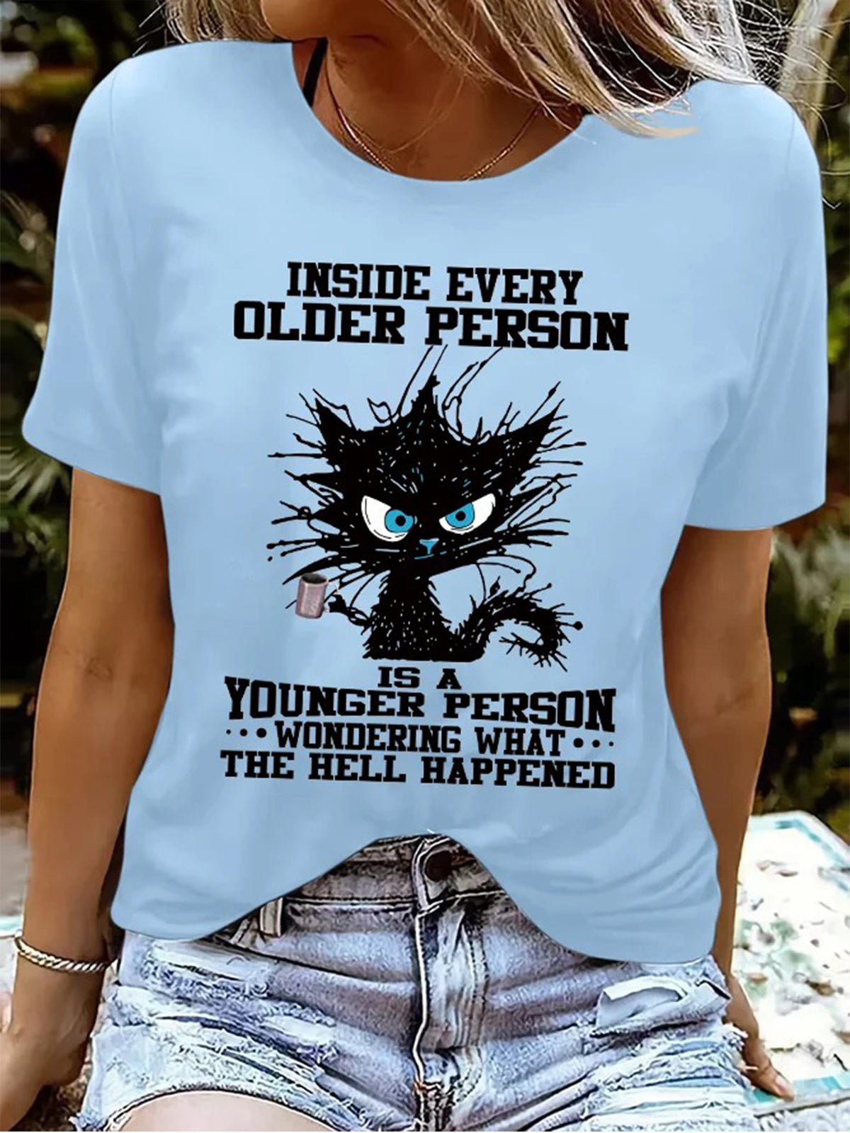 Funny Grumpy Cat Inside Every Older Person Is A Younger Person Crew Neck T-shirt