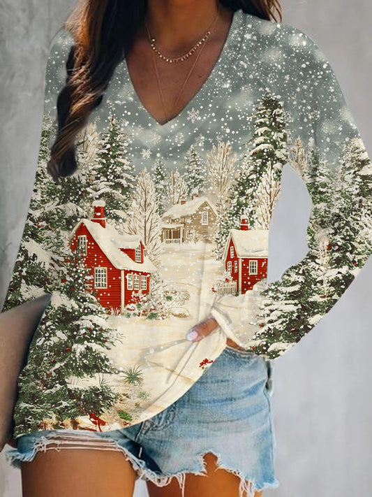 Retro Winter Christmas Print V-Neck Long Sleeve Top