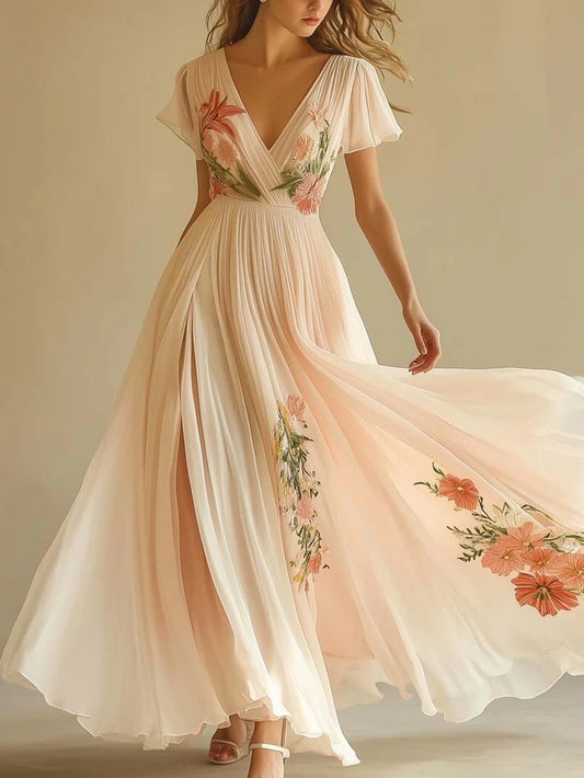Pink Floral V Neck Short Sleeve  Maxi Dress