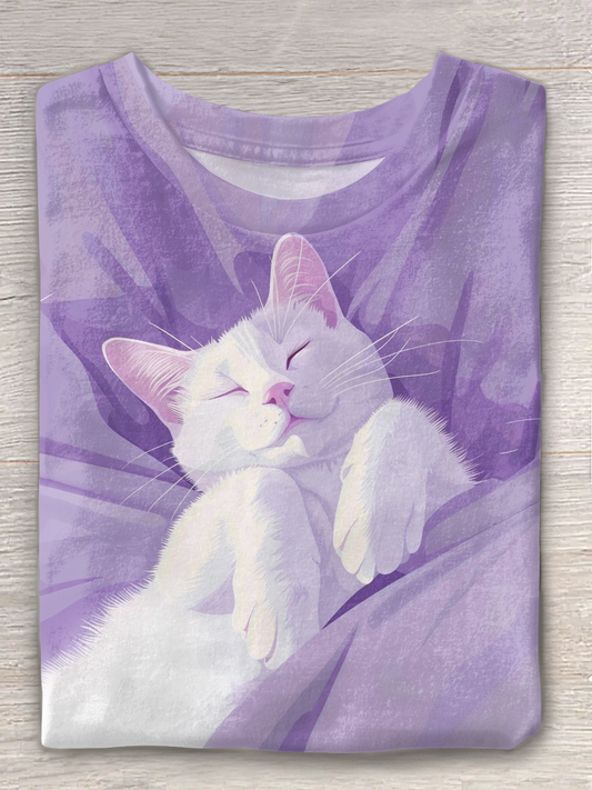 Cute Sleeping Cat Crew Neck T-shirt