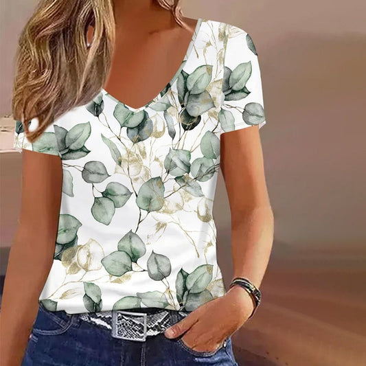 Leaf Print Casual V Neck T-Shirt