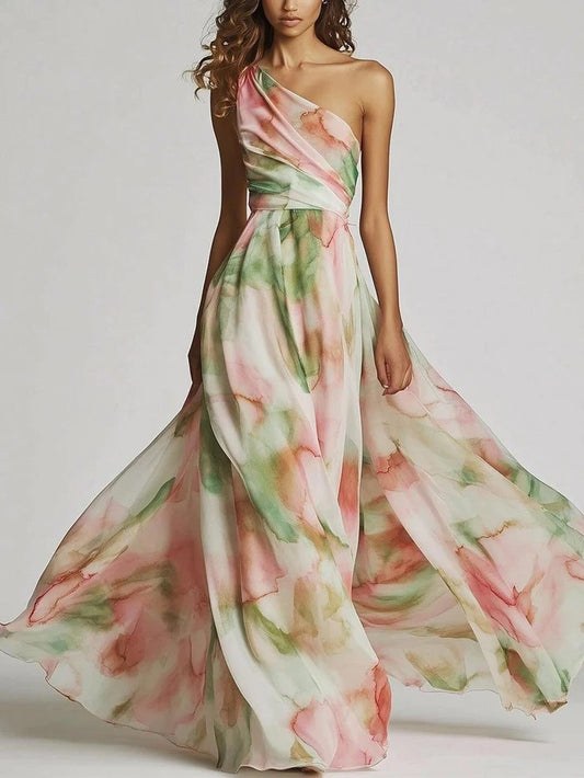 Floral Holiday Slant Shoulder Sleeveless  Maxi Dress