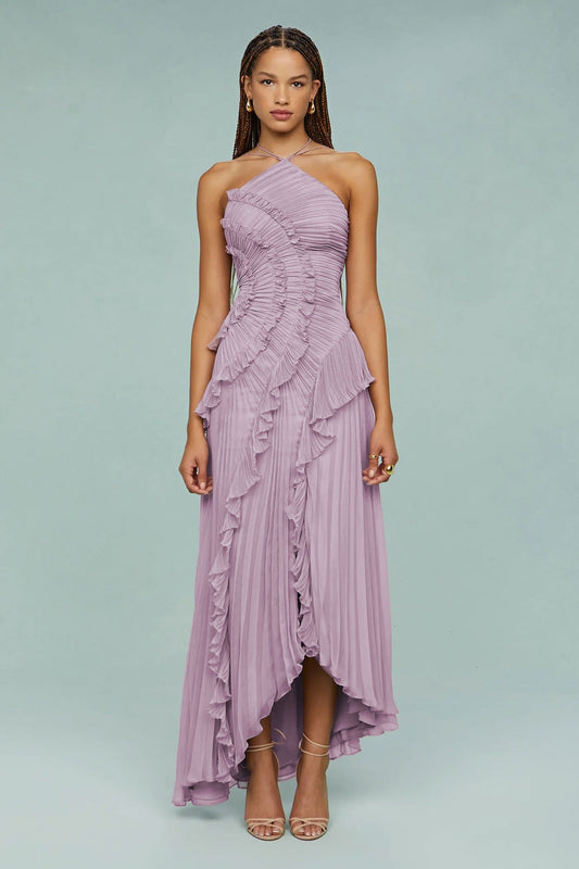 Elegant Chiffon Ruffled Ruffle Design Slimming Midi Dress