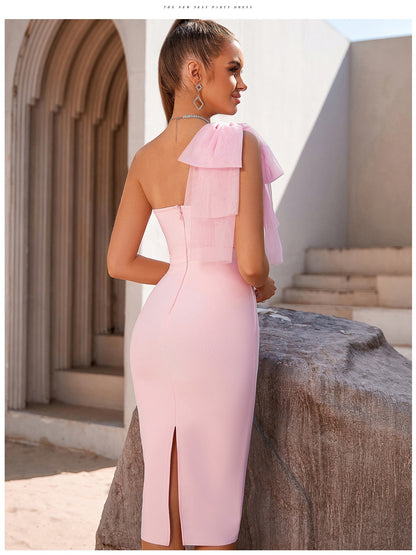 Elegant One Shoulder Mesh Bow Bandage Midi Dress