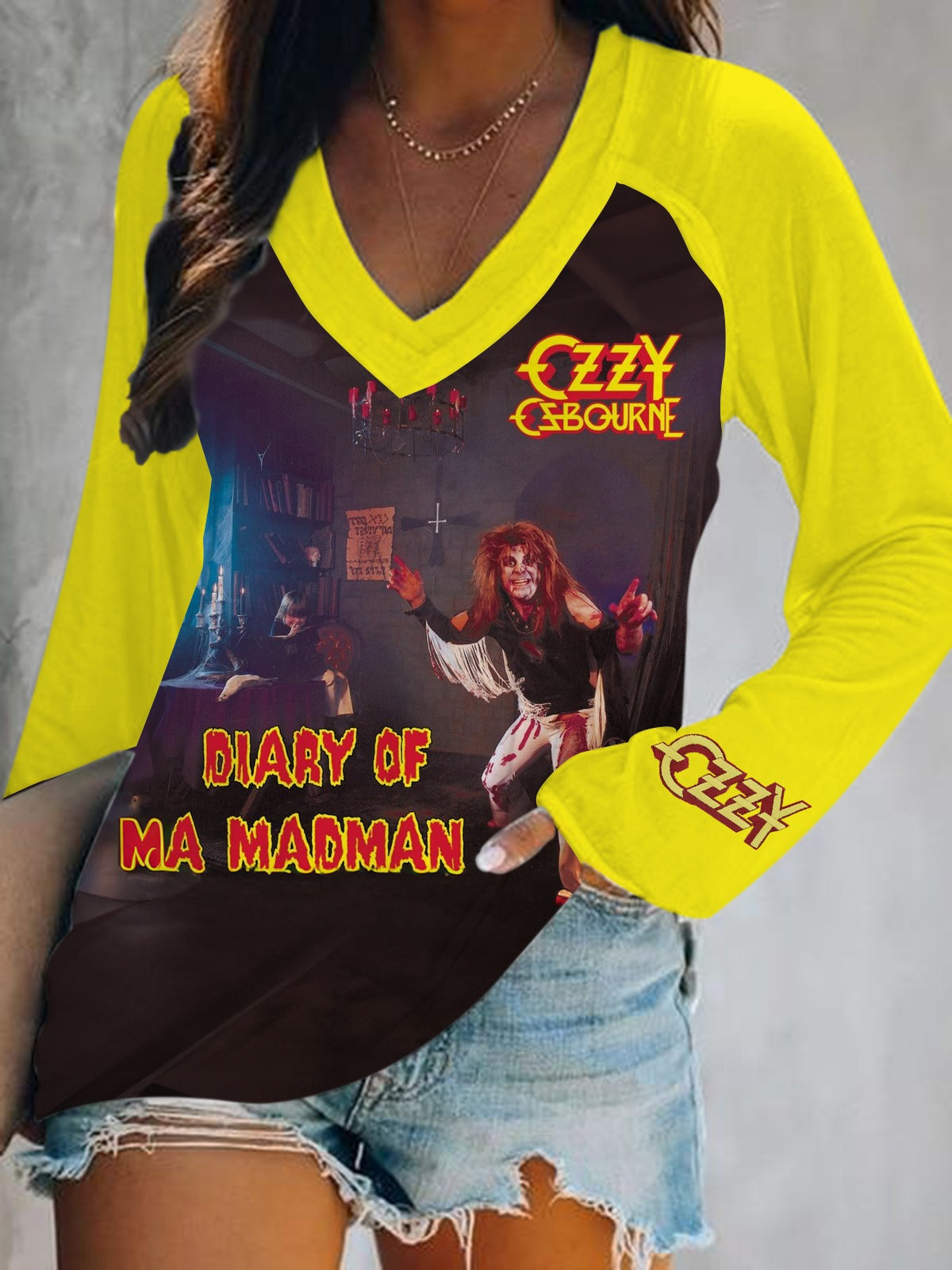 Ozzy Osbourne Vintage Prince of Darkness Print V-Neck Long Sleeve Top