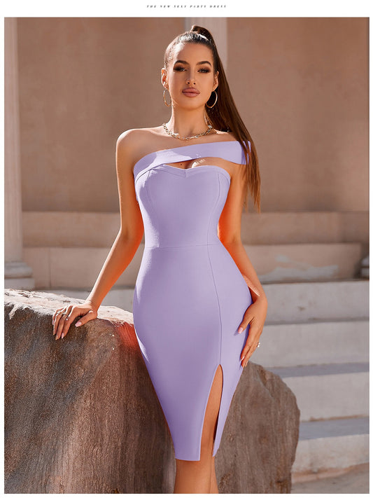 Sexy Strapless Split Breasted Slant Shoulder Hollow Out Bandage Midi Dress
