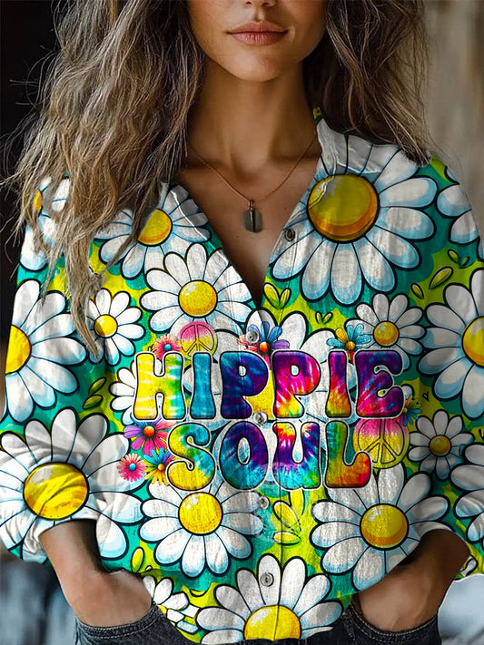 Colorful Daisy Flowers Hippie Art Women's Printed Casual Shirt