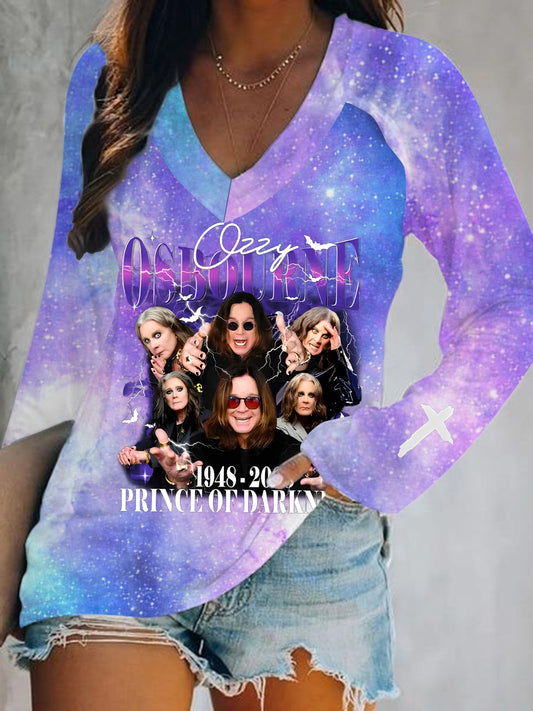 Ozzy Osbourne Prince of Darkness Print V-Neck Long Sleeve Top