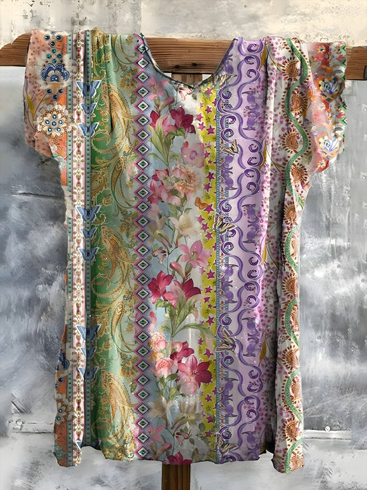 Colorful Vintage Folk Floral Art Crew Neck T-shirt