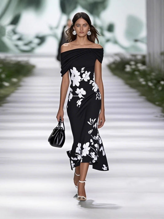 Floral Strapless Short Sleeve A-line Maxi Dress