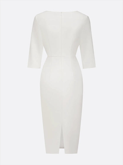 White Imitation Pearls Classic Crew Neck Half Sleeve Sheath Midi Dress