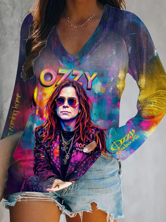 Ozzy Osbourne Print V-Neck Long Sleeve Top