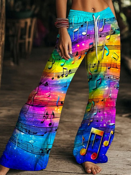 Colorful Music Hippie Art Women's Drawstring Wide-Leg Pants