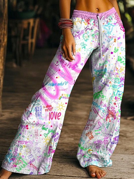 Hippie Graffiti Love and Peace Art Women's Drawstring Wide-Leg Pants