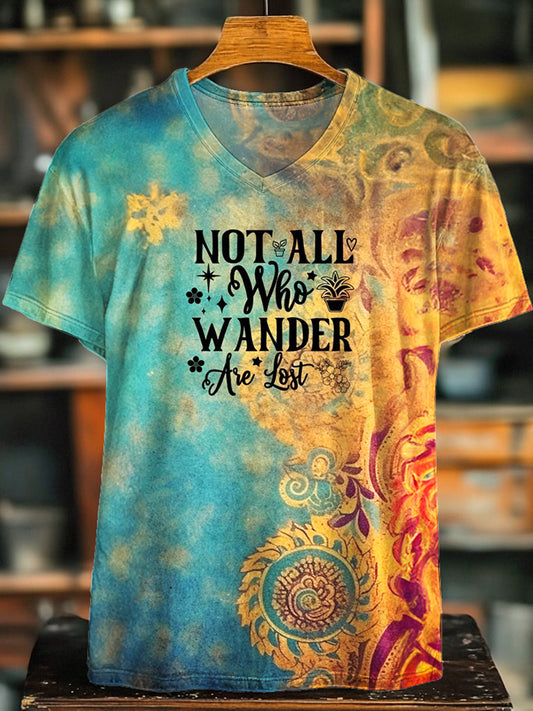 レトロヒッピープリントVネックTシャツ