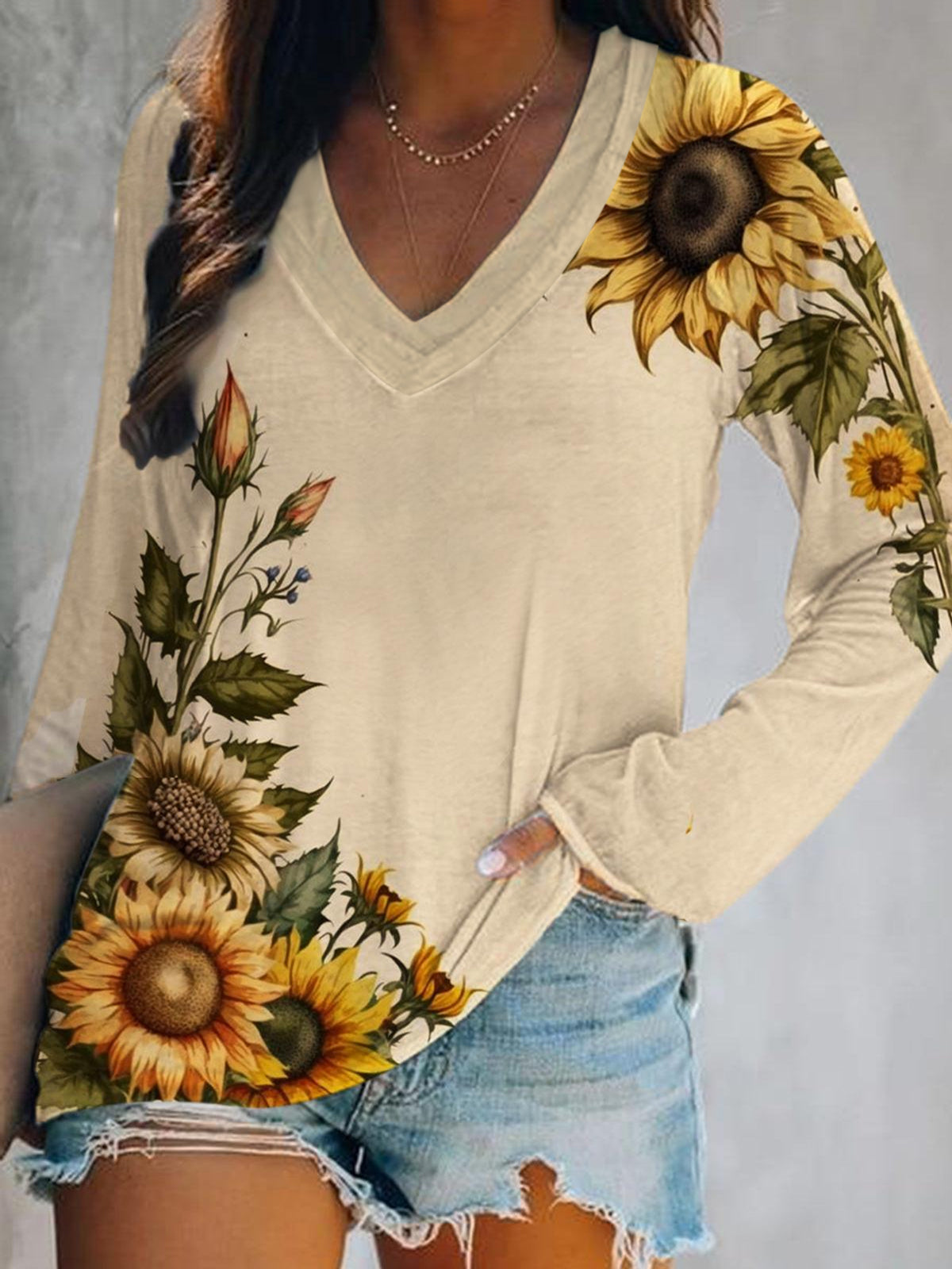 Sunflower Print V-Neck T-Shirt