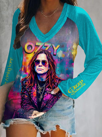 Ozzy Osbourne Print V-Neck Long Sleeve Top