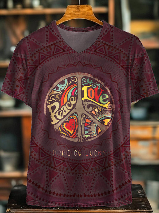レトロヒッピープリントVネックTシャツ