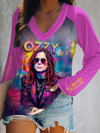 Ozzy Osbourne Print V-Neck Long Sleeve Top