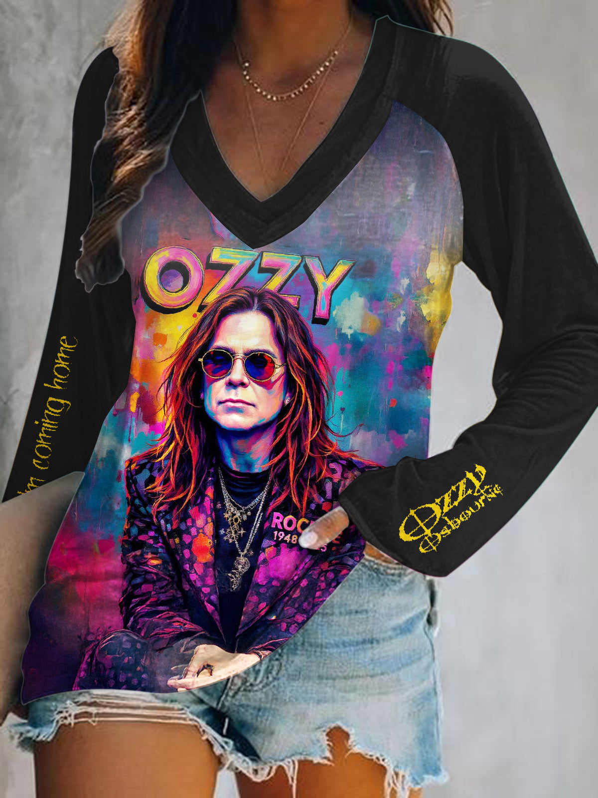 Ozzy Osbourne Print V-Neck Long Sleeve Top