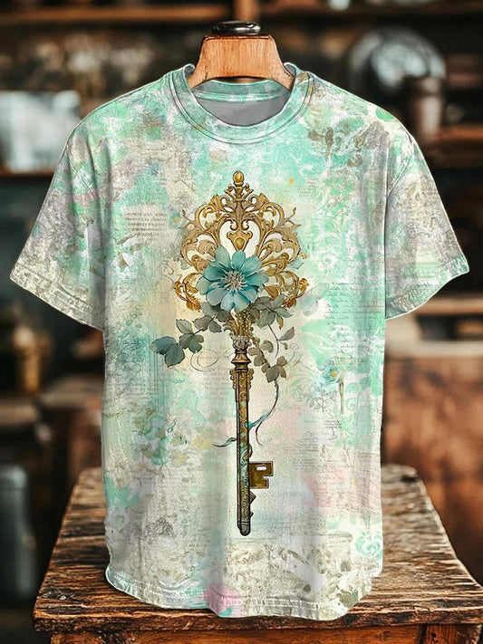 Vintage Floral Key Crew Neck T-shirt