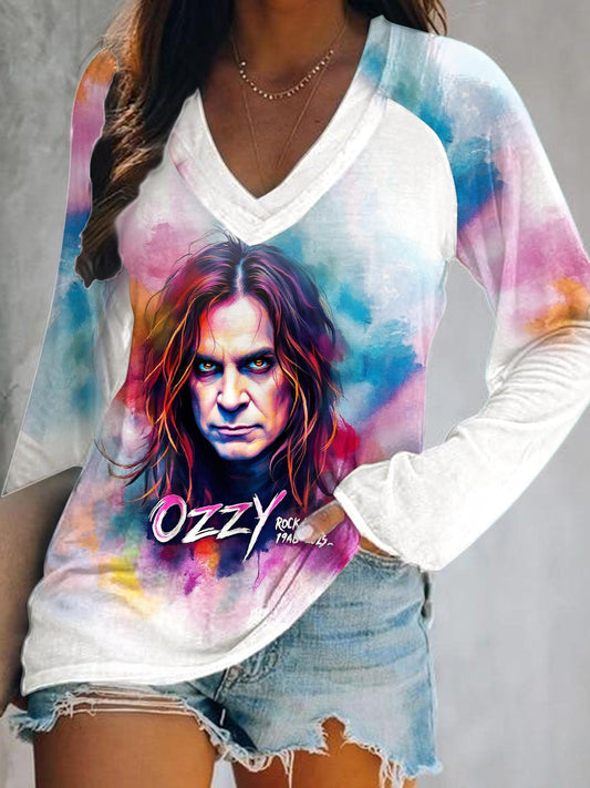 Ozzy Osbourne Print V-Neck Long Sleeve Top