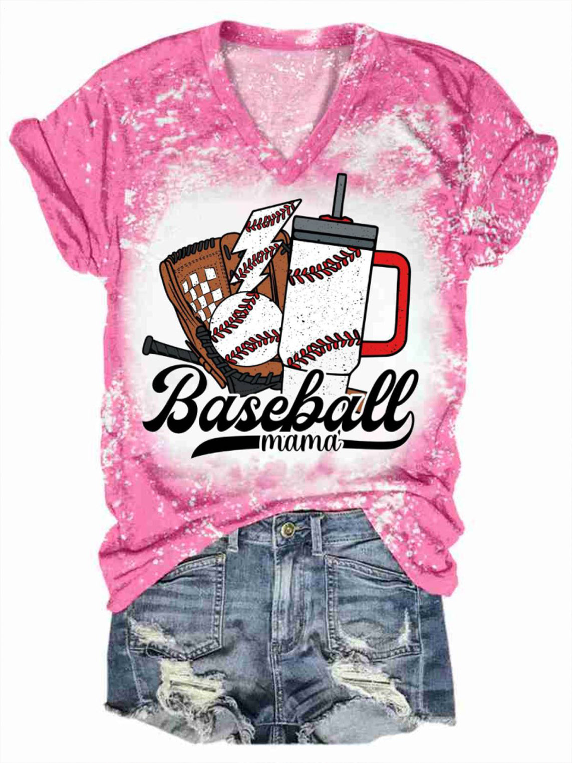 Retro Baseball Mom Print V-neck T-Shirt