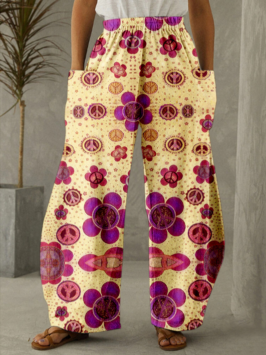 Vintage Floral Hippie Love Peace Art Print Casual Pants