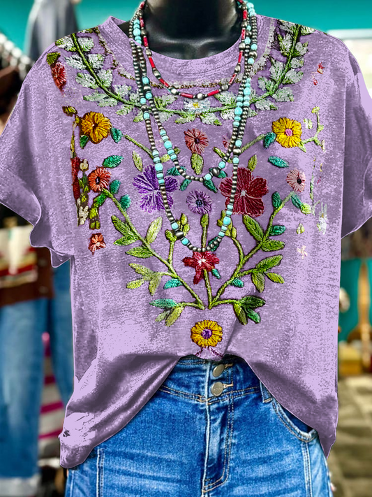Vintage Floral Pattern Art Crew Neck T-shirt