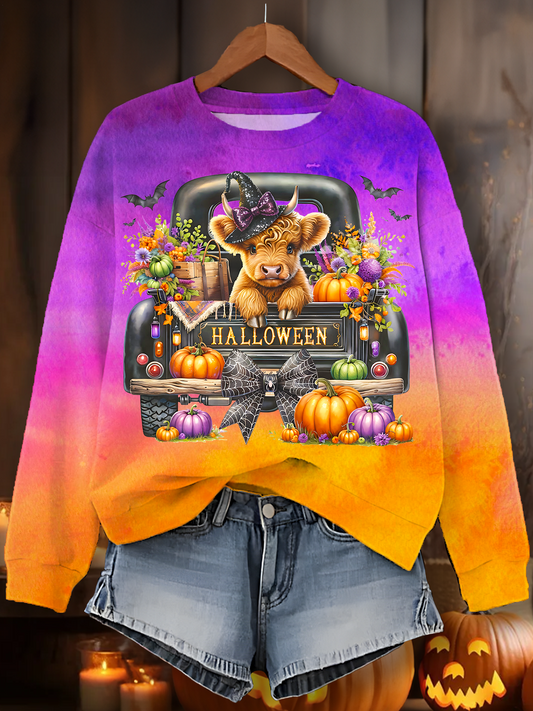 Halloween Highland Cattle Printed Long Sleeve Casual Top