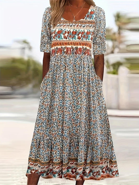 Women Paisley Floral Print Side Pockets Crew Neck Short Sleeves Dress