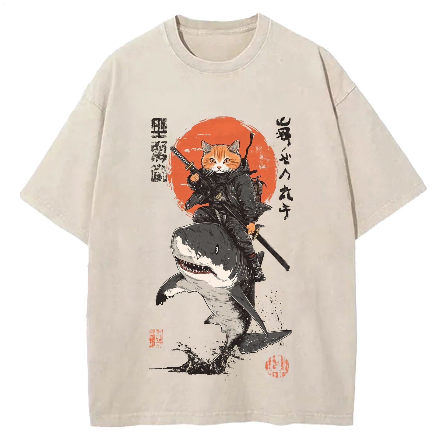 Japanese Frog Samurai Round Neck Washed T-Shirt