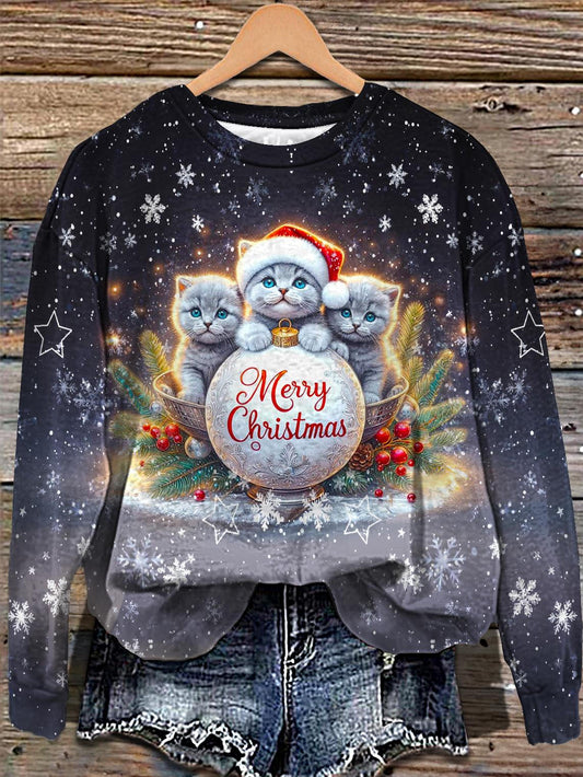 Christmas Kitten Printed Long Sleeve Casual Top