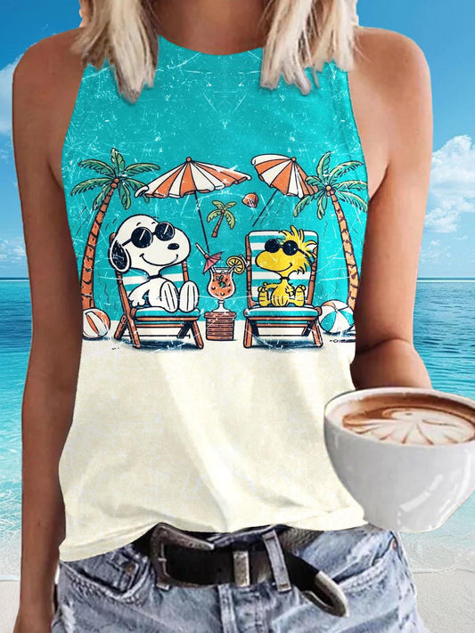 Beach Vacation Snoopy Print Casual Sleeveless Top